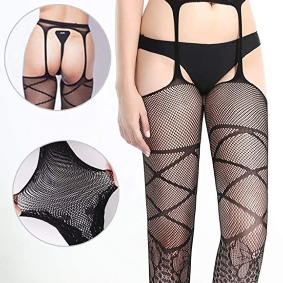 VERO MONTE Black Patterned Fishnet Tights Fishnets Stockings With Garter Belts - Picture 3 of 5